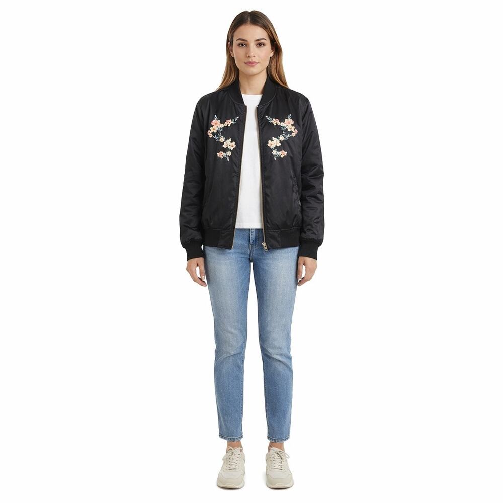 American Eagle Black Floral Embroidered Satin Bomber Jacket Womens M Quilted Y2K